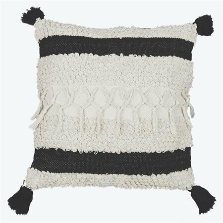 YOUNGS Cotton Hand Woven Pillow with Texture & Tassels, Black & White 10882